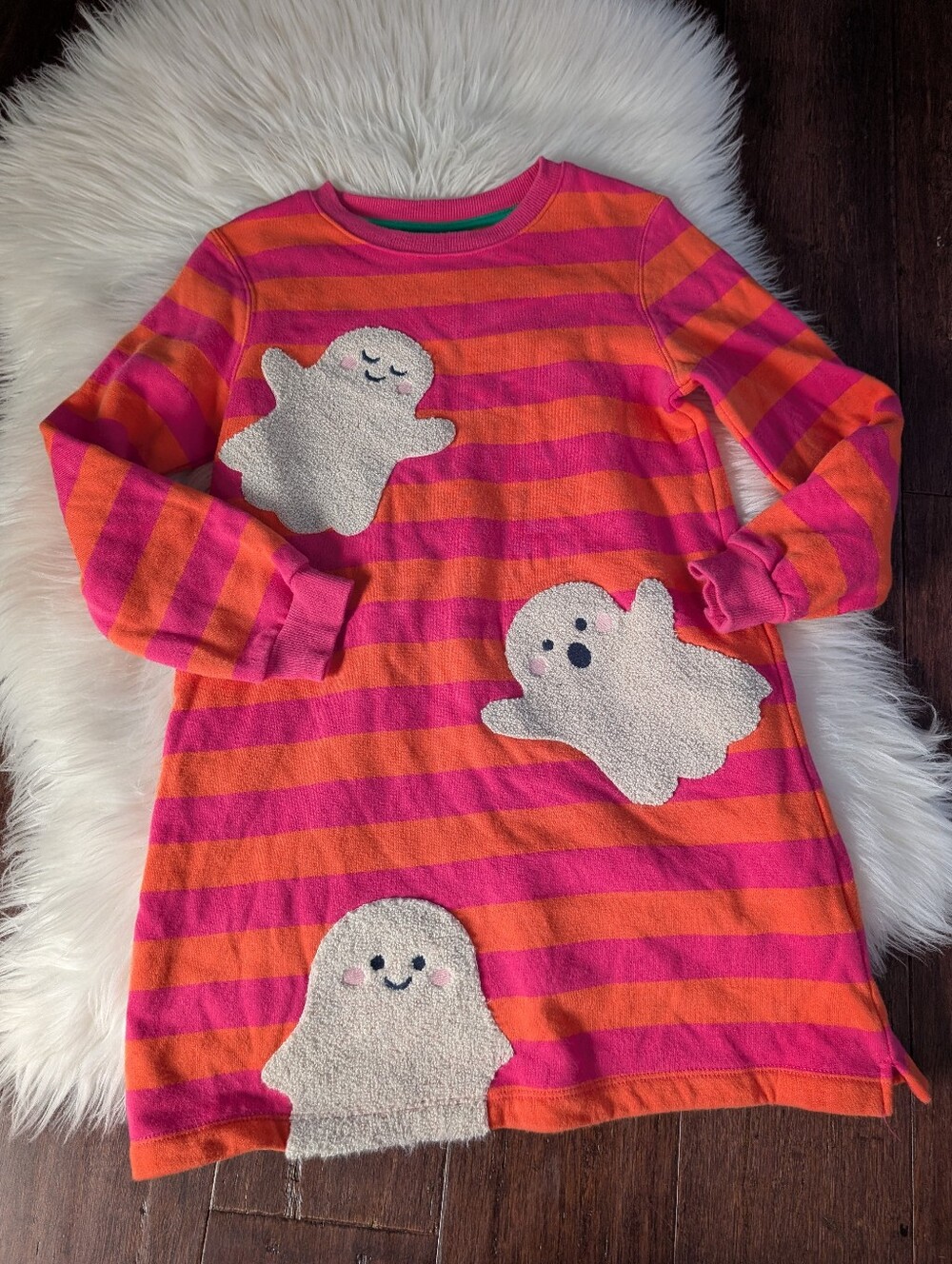 Mini Boden Halloween Applique Ghosts Orange Pink Striped Long Sleeve Dress 6-7y